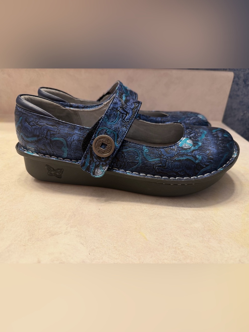 Women's Blue Patterned Mary Jane Dress Shoes with Adjustable Strap